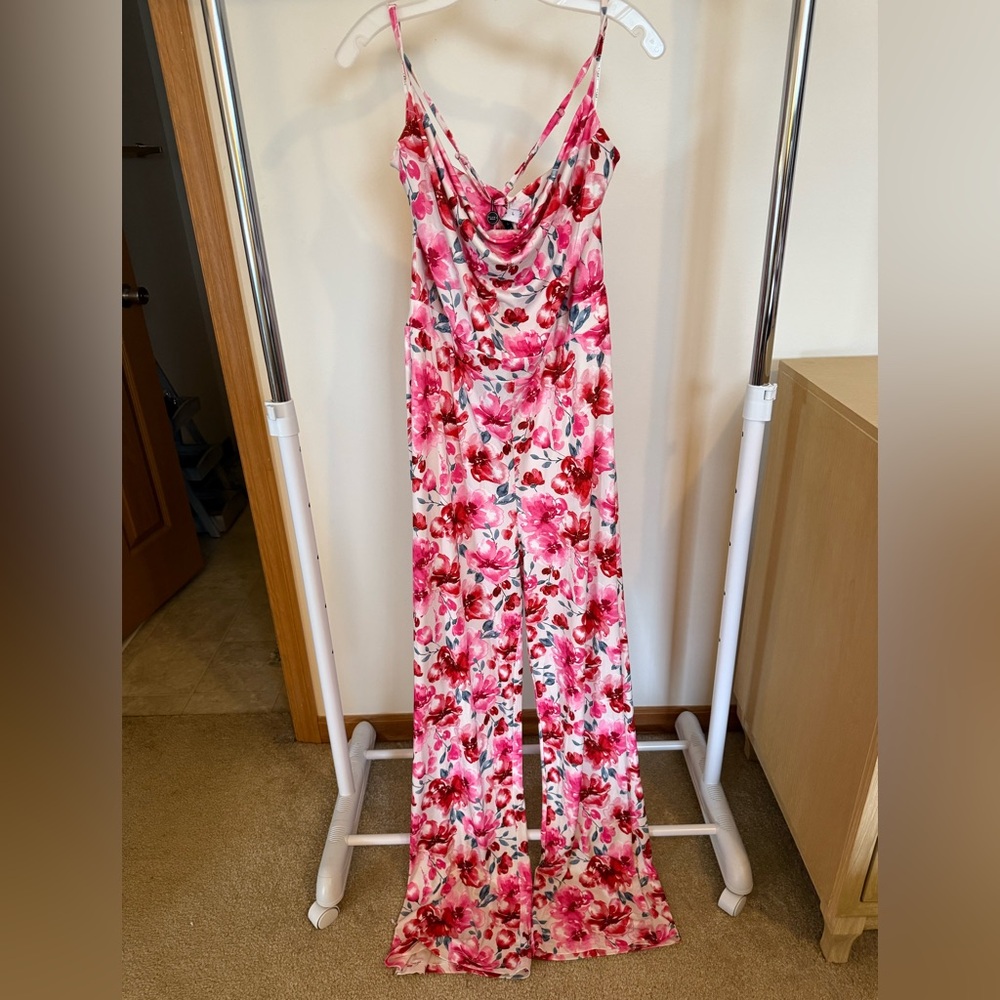 Club L London Pink and Red Floral Cowl Neck Maxi Dress